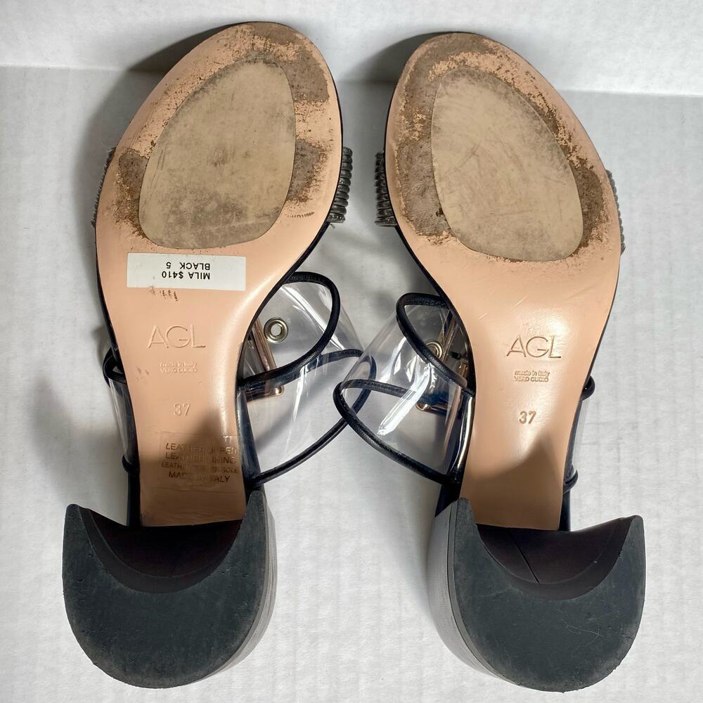 AGL Heels Mila Sandals Clear Strap Leather Black Silver Metallic Block Heel 7 37 - Picture 5 of 10